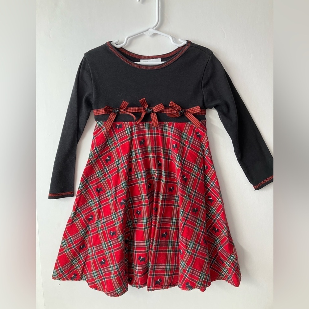 Girl’s Festive/Holiday Dress, Sz  5, Red/Black Plaid, Scottie Dog, Bonnie Jean